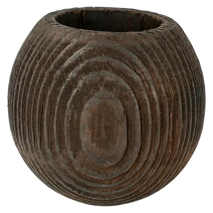 Expo Ambiente Endstück Ball - Wenge, Geeignet für: Gardinenstangen Ø 28 mm - Nahaufnahme eines kugelförmigen Holzpflanzgefäßes mit markanter Maserung und einer Öffnung für Pflanzen.