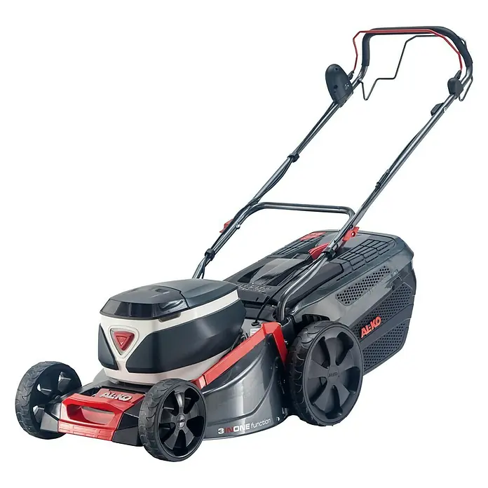 AL-KO 36V Akku-Rasenmäher 46.2 Li SP Comfort - 36 V, 1 Akku, 4 Ah, Schnittbreite: 46 cm - Ein Akku-Rasenmäher von AL-KO mit rot-schwarzem Design, ideal für Gärten. Er verfügt über einen Fangkorb und einen ergonomischen Griff für bequemes Mähen.