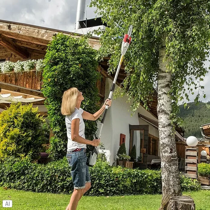 AL-KO 36V Hochentaster-Aufsatz CSA 4020 - Passend für: Multitool MT40 - Frau trimmt mit einer langen silber-roten Astsäge einen Baum im Garten.
