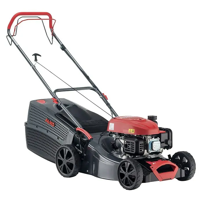 AL-KO Comfort Benzin-Rasenmäher 42.1 SP-A - 1,9 kW, 123 cm³, Schnittbreite: 42 cm - Ein roter und grauer AL-KO Benzin-Rasenmäher, perfekt für effizientes Rasenmähen mit starkem Motor und großem Fangkorb.