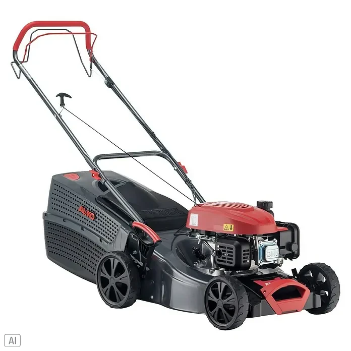 AL-KO Comfort Benzin-Rasenmäher 42.1 SP-A - 1,9 kW, 123 cm³, Schnittbreite: 42 cm - Ein roter und grauer AL-KO Benzin-Rasenmäher, perfekt für effizientes Rasenmähen mit starkem Motor und großem Fangkorb.