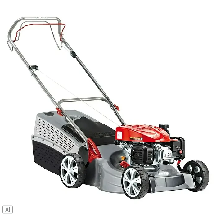 AL-KO Classic Benzin-Rasenmäher 4.62 SP-A - 1,9 kW, 123 cm³, Schnittbreite: 46 cm - Ein AL-KO Benzin-Rasenmäher mit rotem Motor und silbernem Gehäuse für effiziente Gartenarbeit.