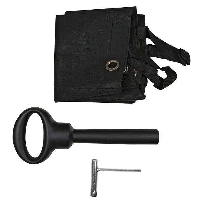 AL-KO Easy Elektro-Häcksler MH2500 Slice - Max. Aststärke: 4 cm, 2.500 W - Abbildung eines schwarzen Stoffbezugs mit Ösen, eines schwarzen Stabes und eines kleinen Schraubenschlüssels.