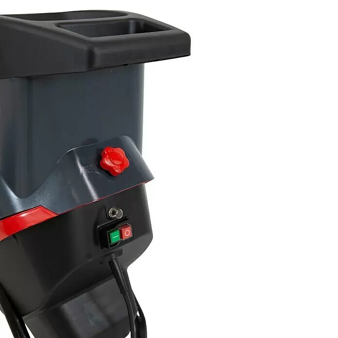 AL-KO Easy Elektro-Häcksler MH2500 Slice - Max. Aststärke: 4 cm, 2.500 W - Nahaufnahme eines dunkelgrauen und schwarzen Gartenhäckslers mit roten und grünen Schaltern, einem roten Knopf und einem Griff.
