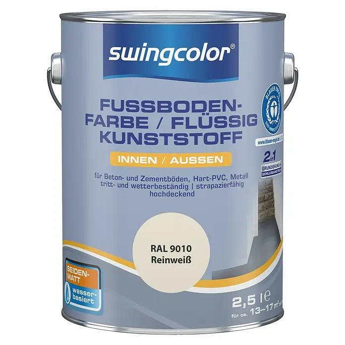 swingcolor 2in1 Fußbodenfarbe / Flüssig Kunststoff 2in1 RAL 9010 - Reinweiß, 2,5 l, Seidenmatt - Dose Swingcolor Bodenfarbe RAL 9010 Reinweiß, seidenmatt, wasserbasiert, für innen & außen, Beton, Zementböden & mehr, 2,5l für ca. 13-17m².