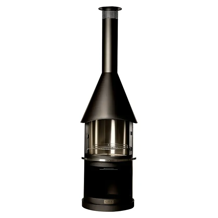 Buschbeck Grillkamin Sydney - Hauptgrillfläche: Ø 45 cm, Edelstahl, Schwarz - Moderner, rauchloser Buschbeck-Holzkohlegrill aus Edelstahl mit Ablagerost und einem eleganten schwarzen Sockel.