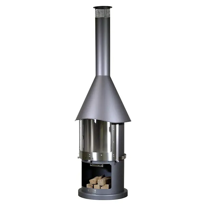 Buschbeck Grillkamin Melbourne - Edelstahl, Dunkelgrau - Moderner Terrassenofen aus Stahl mit Holzlegefach. Er sorgt für Wärme und eine gemütliche Atmosphäre im Aussenbereich.