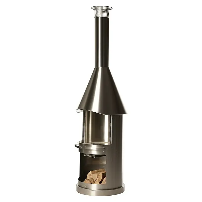 Buschbeck Grillkamin Sydney - Hauptgrillfläche: Ø 45 cm, Edelstahl, Silber - Elegante Außenfeuerstelle aus Edelstahl mit Holzfach für gemütliche Stunden im Freien. Stilvolles Design für Garten und Terrasse.