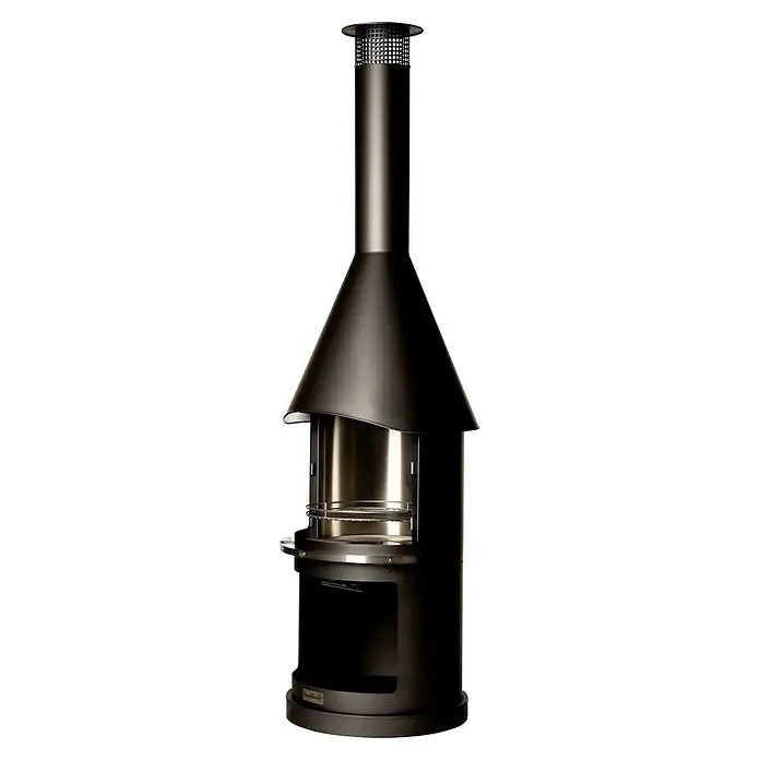 Buschbeck Grillkamin Sydney - Hauptgrillfläche: Ø 45 cm, Edelstahl, Schwarz - Ein eleganter, mattschwarzer Terrassenheizer mit einem kegelförmigen Dach und einem zylindrischen Edelstahl-Brennbereich für Wärme und Stil im Freien.
