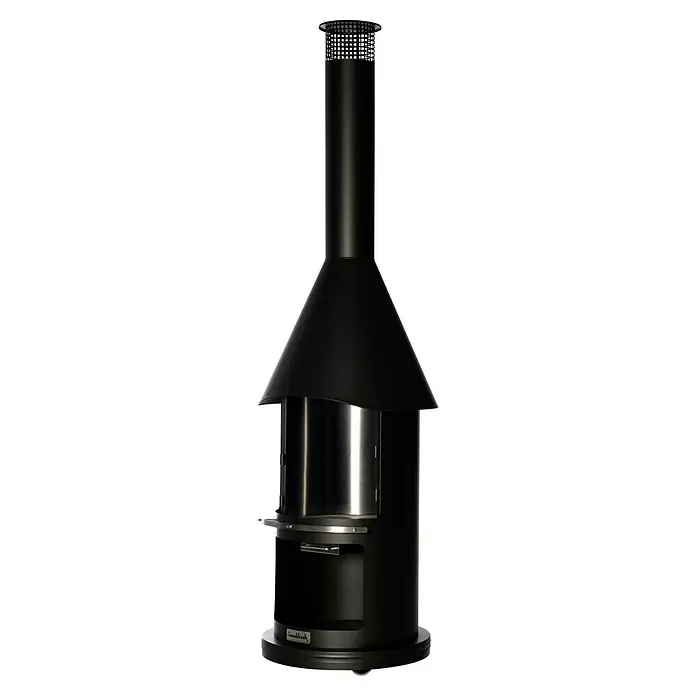 Buschbeck Grillkamin Auckland - Hauptgrillfläche: Ø 39 cm, Edelstahl, Schwarz - Elegantes, schwarzes Bushbeck-Feuerstellen-Design. Ein stilvoller Outdoor-Ofen mit schlankem Schornstein für gemütliche Abende im Freien.