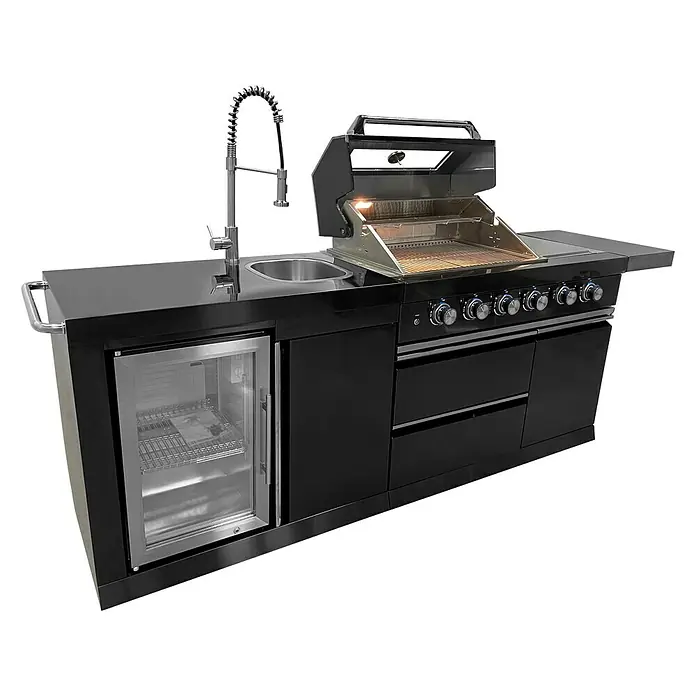 Buschbeck Outdoorküche Cambridge - Schwarz, Material Grillfläche: Edelstahl, Anzahl Brenner: 4 - Schwarze Außenküche mit Grill, Spüle und Kühlschrank für kulinarische Erlebnisse im Freien.