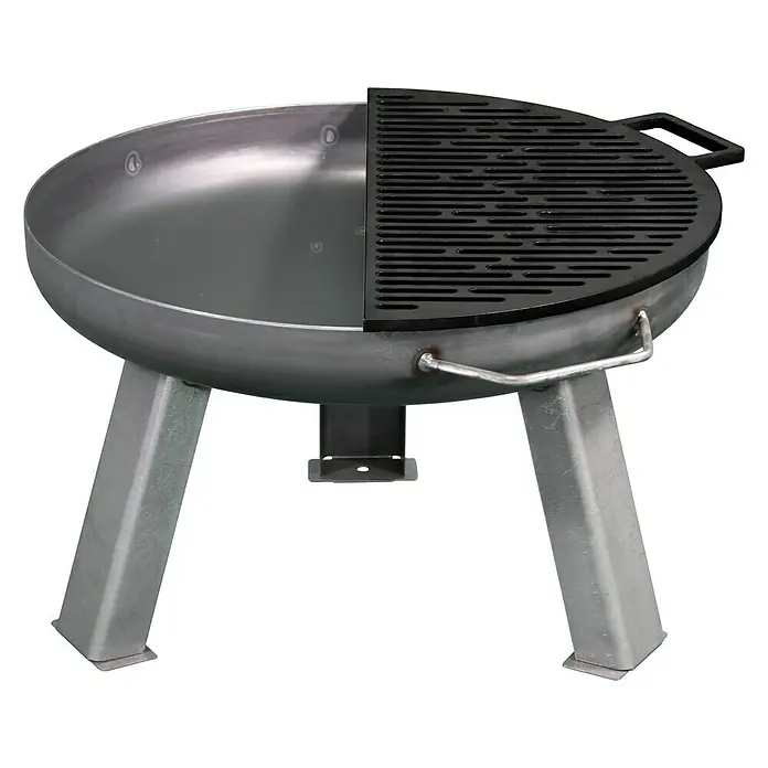Buschbeck Grillrost Feuerschale - L x B: 29 x 57 cm - Grill mit halbem Grillrost. Der Grill hat eine runde Form und steht auf drei Beinen. Ein Griff ist an der Seite angebracht.