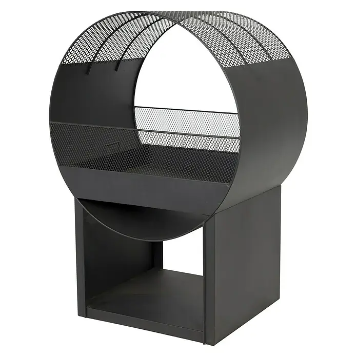 Buschbeck Feuerstelle Porthole - 40 x 56 x 80 cm, Stahl - Ein schwarzer Brennholzständer mit einem runden oberen Teil und einem kastenförmigen unteren Teil, ideal für die Lagerung von Holzscheiten.
