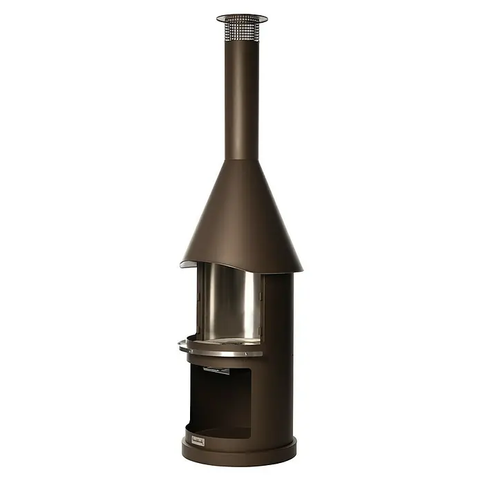 Buschbeck Grillkamin Sydney - Hauptgrillfläche: Ø 45 cm, Edelstahl, Braun - Ein eleganter, bronzefarbener Outdoor-Kaminofen. Perfekt für gemütliche Stunden im Freien, mit modernem Design und integriertem Holzfach.