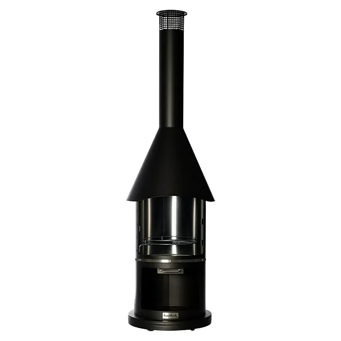 Buschbeck Grillkamin Auckland - Hauptgrillfläche: Ø 39 cm, Edelstahl, Schwarz - Ein schwarzer Buschbeck-Grillkamin, der ein elegantes Design und Funktionalität für das Grillen im Freien vereint.