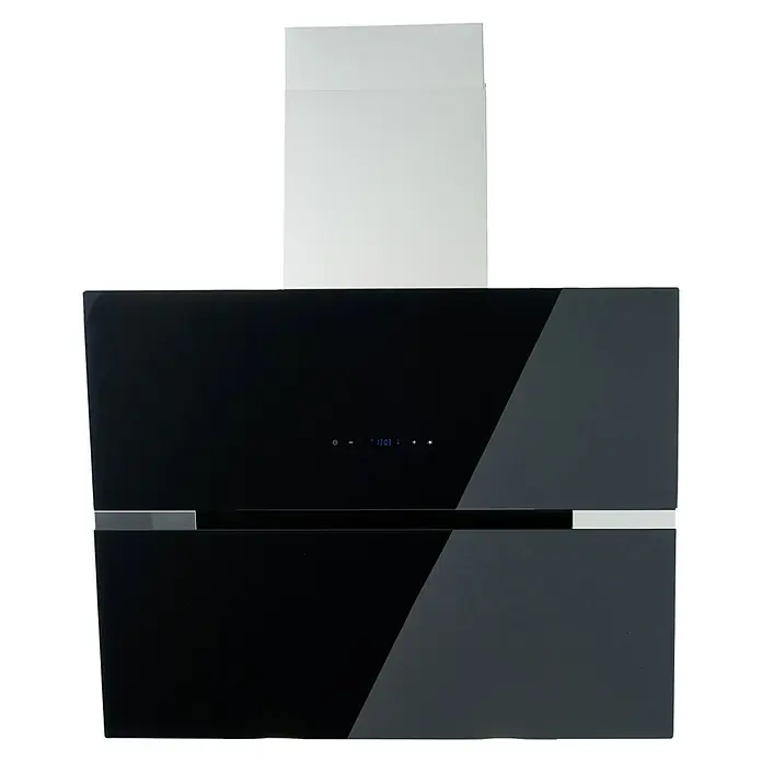 PKM Schräghaube 9080 BZ N - Breite: 90 cm, Max. Gebläseleistung Abluftbetrieb: 515 m³/h, Schwarz - Elegante Dunstabzugshaube mit schwarzem Glasdesign und weißem Schacht für eine moderne Küchenoptik.