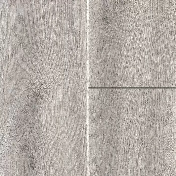 MyStyle MyArt Laminat - Ethereal Oak, Landhausdiele, 1.285 x 192 x 12 mm - Hellgrauer Laminatboden in Holzoptik mit deutlicher Maserung und Fugen.