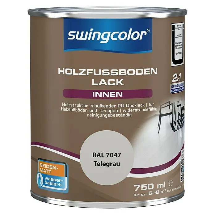 swingcolor 2in1 Fußbodenlack RAL 7047 - Telegrau, Seidenmatt, 750 ml, Wasserbasiert - Dose Holzfußbodenlack von Swingcolor in Telegrau (RAL 7047). Für den Innenbereich, wasserbasiert und seidenglänzend. Inhalt: 750 ml.