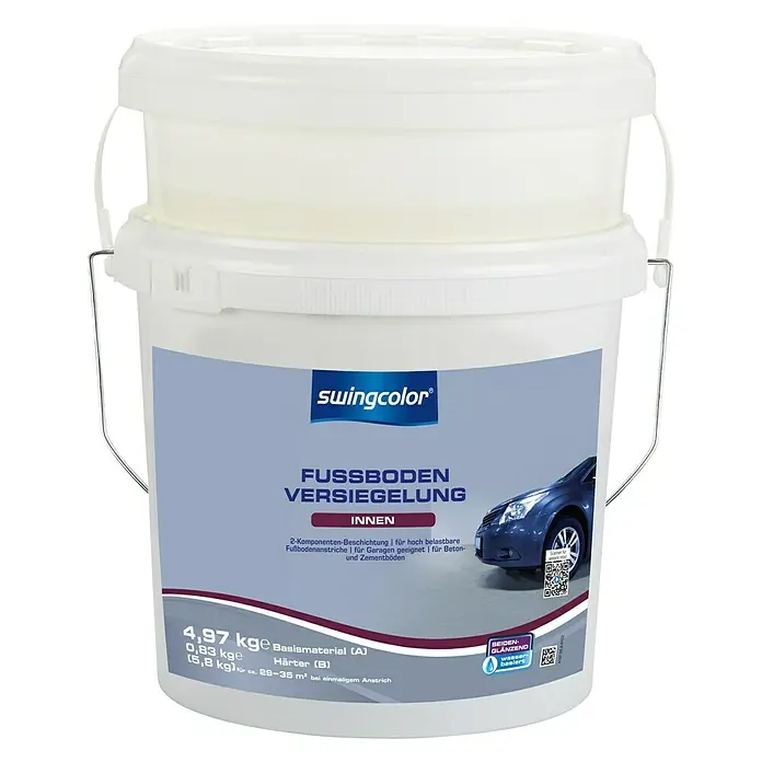 swingcolor Fußbodenversiegelung RAL 7001 - Silbergrau, 5,8 kg, Seidenglänzend - Weiße Dose Swingcolor Bodenversiegelung für Innenbereiche, ideal für Beton- und Zementböden, mit 4,97 kg Basismaterial und 0,83 kg Härter.