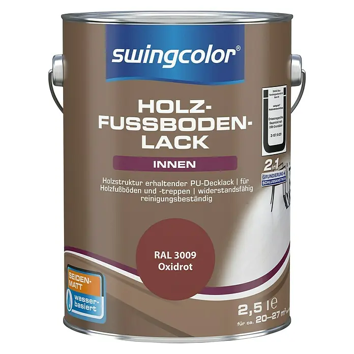 swingcolor 2in1 Fußbodenlack RAL 3009 - Oxidrot, Seidenmatt, 2,5 l, Wasserbasiert - Dose Swingcolor Holz-Fußbodenlack Oxidrot, seidenmatt, wasserbasiert, 2,5 l für Holzfußböden und Treppen im Innenbereich.