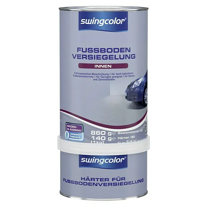 swingcolor Fußbodenversiegelung RAL 7032 - Kieselgrau, 1 kg, Seidenglänzend - Produktbild: Ein 2-Komponenten-Bodenversiegelungsset von Swingcolor für den Innenbereich, bestehend aus Basismaterial und Härter.