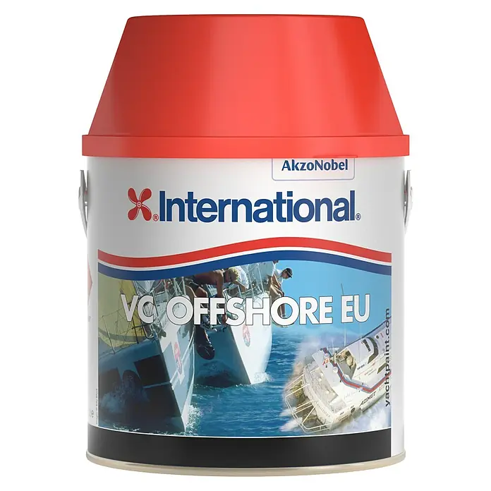 International Hartantifouling VC Offshore EU - Blau, 2 l - Dose International VC Offshore EU Antifouling-Farbe für den Schutz von Schiffsrümpfen vor Bewuchs, in Rot und Weiß gehalten.
