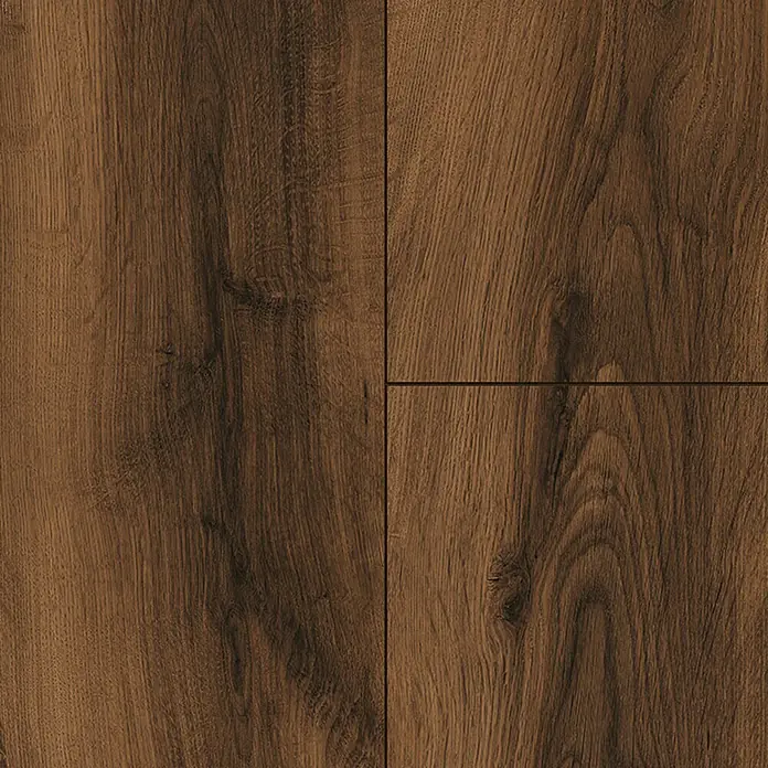 MyStyle MyDream Laminat - Bourbon Hill Oak, Landhausdiele, 1.285 x 192 x 14 mm - Nahaufnahme von vier Paneelen dunklen Laminatbodens mit natürlicher Holzmaserung für ein stilvolles Interieur.