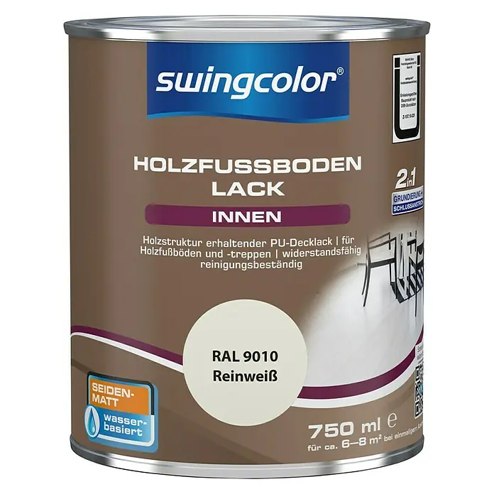 swingcolor 2in1 Fußbodenlack RAL 9010 - Reinweiß, Seidenmatt, 750 ml, Wasserbasiert - Dose Holzfußbodenlack von Swingcolor, Farbton Reinweiß RAL 9010, seidenmatt, wasserbasiert, für Innenräume.