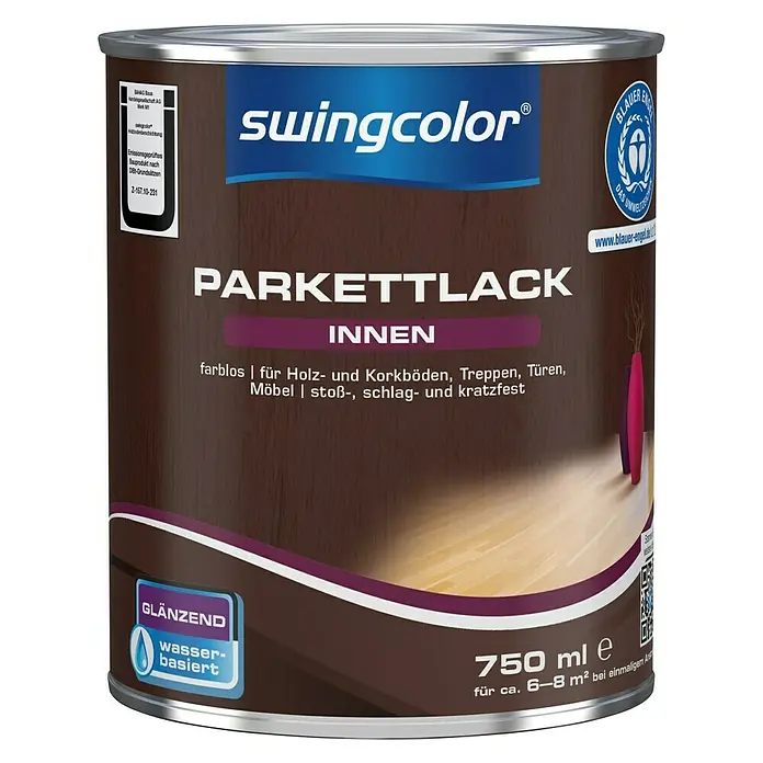 swingcolor Fußbodenlack - Farblos, Glänzend, 750 ml, Wasserbasiert - Dose Parkettlack von Swingcolor, farblos, glänzend, wasserbasiert, für Holz- und Korkböden.