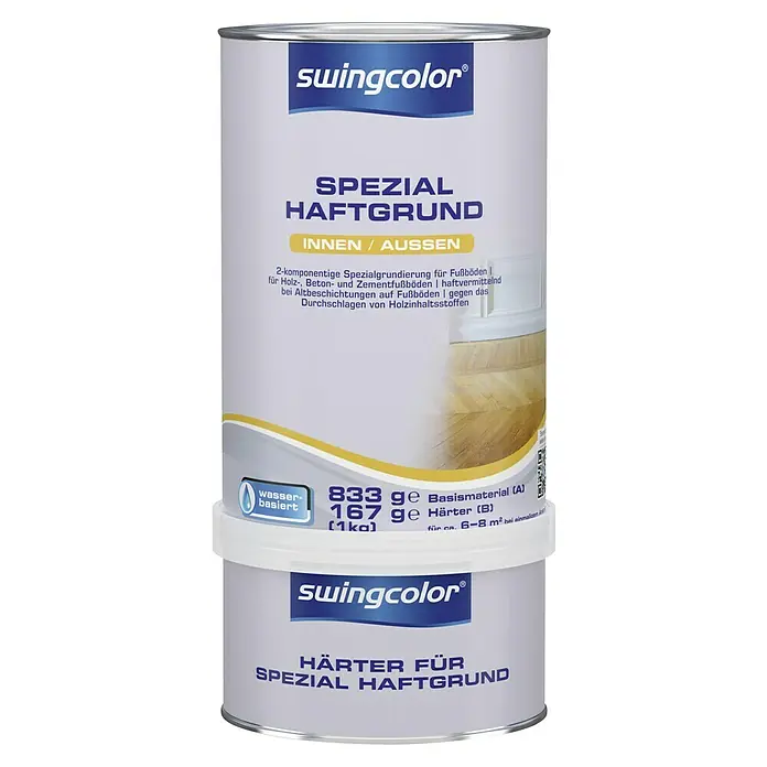 swingcolor Spezialhaftgrund - Weiß, 1 kg, Wasserbasiert - Abbildung einer Dose Swingcolor Spezial Haftgrund, einer 2-Komponenten-Grundierung für Fußböden im Innen- und Außenbereich.
