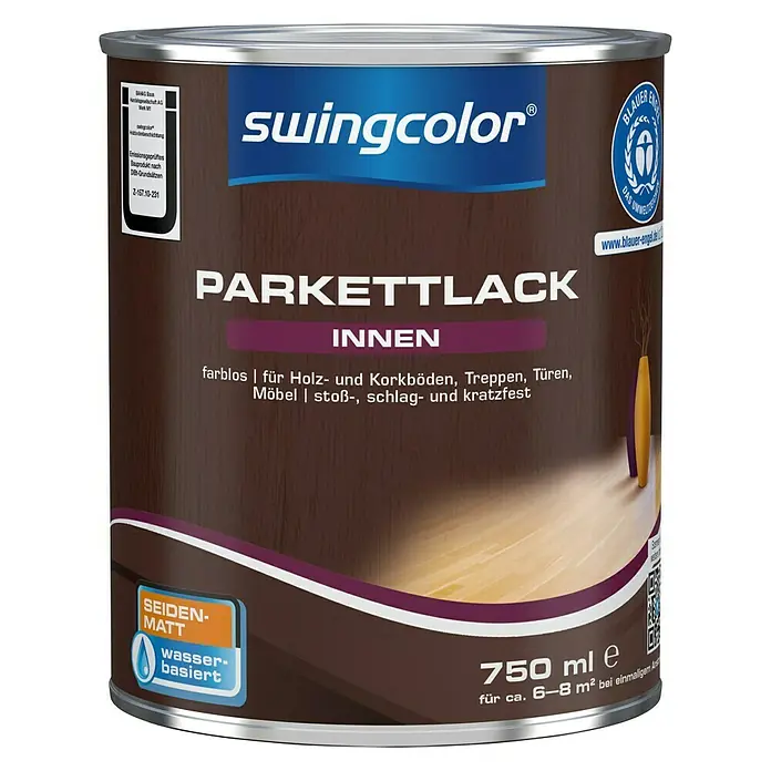 swingcolor Fußbodenlack - Farblos, Seidenmatt, 750 ml, Wasserbasiert - Dose farbloser Swingcolor Parkettlack für den Innenbereich, ideal für Holz- und Korkböden, Treppen, Türen und Möbel.