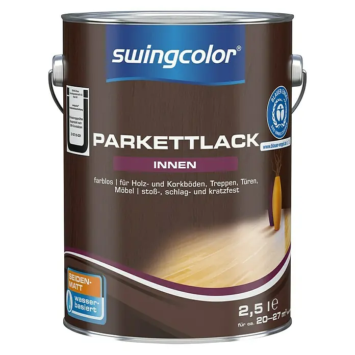 swingcolor Fußbodenlack - Farblos, Seidenmatt, 2,5 l, Wasserbasiert - Ein brauner Farbeimer "swingcolor Parkettlack Innen" mit blauem Logo. Für Holz und Korkböden.