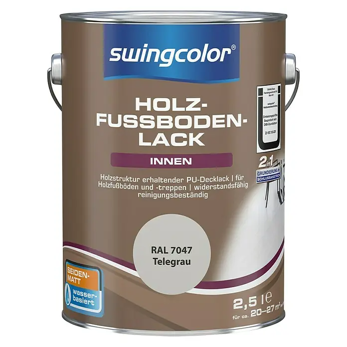 swingcolor 2in1 Fußbodenlack RAL 7047 - Telegrau, Seidenmatt, 2,5 l, Wasserbasiert - Farbdose Swingcolor Holzlack für Fußböden, seidenglänzend, wasserbasiert, Farbe Telegrau RAL 7047, Inhalt 2,5 l für 20-27 m².
