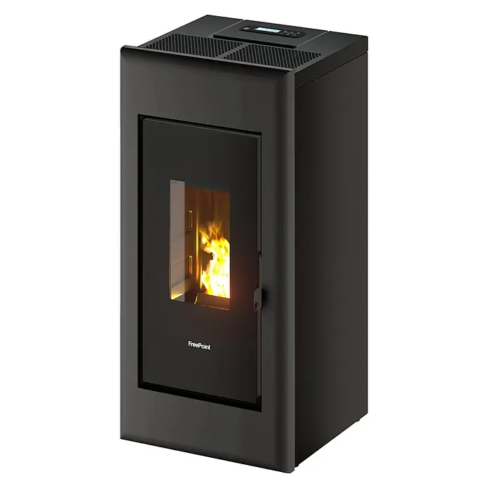 FreePoint Pelletofen One Airtight - 2,5 kW - 7,7 kW, Raumheizvermögen: 55 m³ - 168 m³, 0,6 kg/h - 1,7 kg/h, Farbe Verkleidung: Anthrazit - Nahaufnahme eines schwarzen FreePoint Pelletofens mit sichtbarem Feuer. Modernes Design für effiziente Heizleistung.