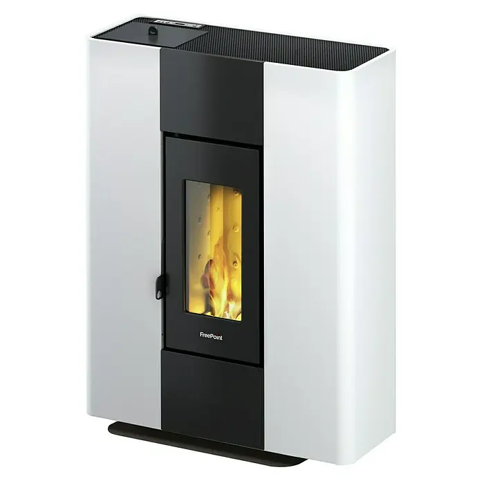 FreePoint Pelletofen ROXY - 2,7 kW - 7 kW, Raumheizvermögen: 65 m³ - 168 m³, 0,6 kg/h - 1,7 kg/h, Farbe Verkleidung: Weiß, Mit Standfuß - Nahaufnahme eines FreePoint Pelletofens in Weiß und Schwarz, der Wärme und Stil für Ihr Zuhause bietet.