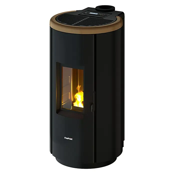 FreePoint Pelletofen Chrome 7 Airtight - 2,5 kW - 7,7 kW, Raumheizvermögen: 55 m³ - 168 m³, Schwarz, Farbe Verkleidung: Dark Gold - Ein eleganter FreePoint Pelletofen mit Sichtfenster und Flammen. Das moderne Design integriert sich nahtlos in jeden Wohnraum.