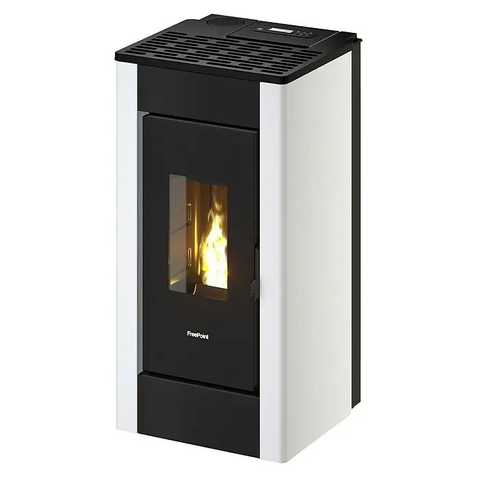 FreePoint Pelletofen SHARP Airtight - 2,5 kW - 7,7 kW, Raumheizvermögen: 55 m³ - 168 m³, Farbe Verkleidung: Weiß - Elegantes Pelletofen-Design in Schwarz und Weiß. Der Ofen bietet eine moderne Heizlösung mit stilvoller Optik und effizienter Wärmeleistung.