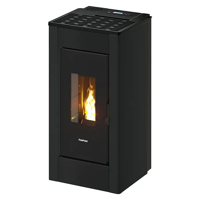 FreePoint Pelletofen SHARP Airtight - 2,5 kW - 7,7 kW, Raumheizvermögen: 55 m³ - 168 m³, Farbe Verkleidung: Schwarz - Schwarzer FreePoint Pelletofen mit Flammenanzeige und Bedienfeld oben für eine effiziente Heizleistung.