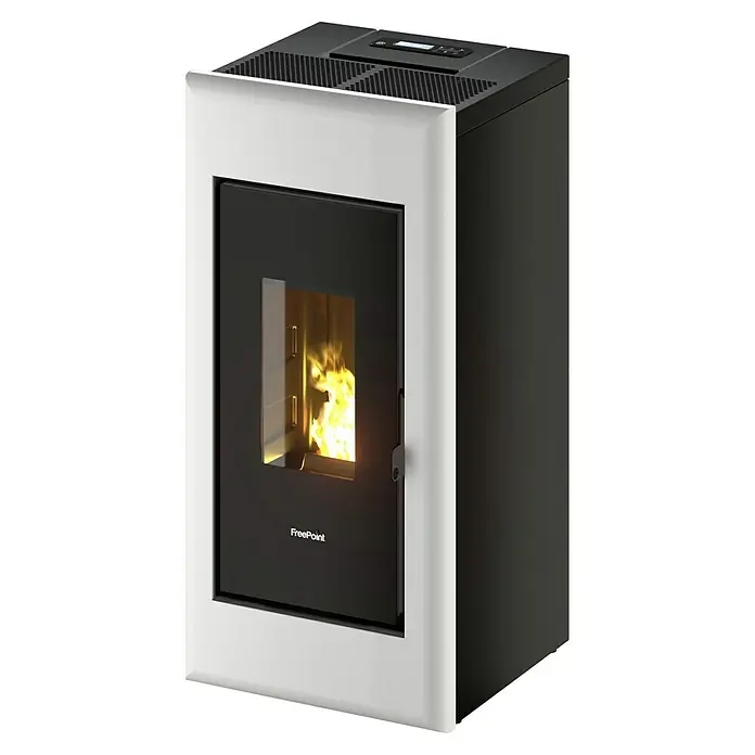FreePoint Pelletofen One Airtight - 2,5 kW - 7,7 kW, Raumheizvermögen: 55 m³ - 168 m³, 0,6 kg/h - 1,7 kg/h, Farbe Verkleidung: Weiß - Elegantes Foto eines FreePoint Pelletofens mit weißem Rahmen und einem schwarzen Bedienfeld oben, das Wärme und modernes Design vereint.
