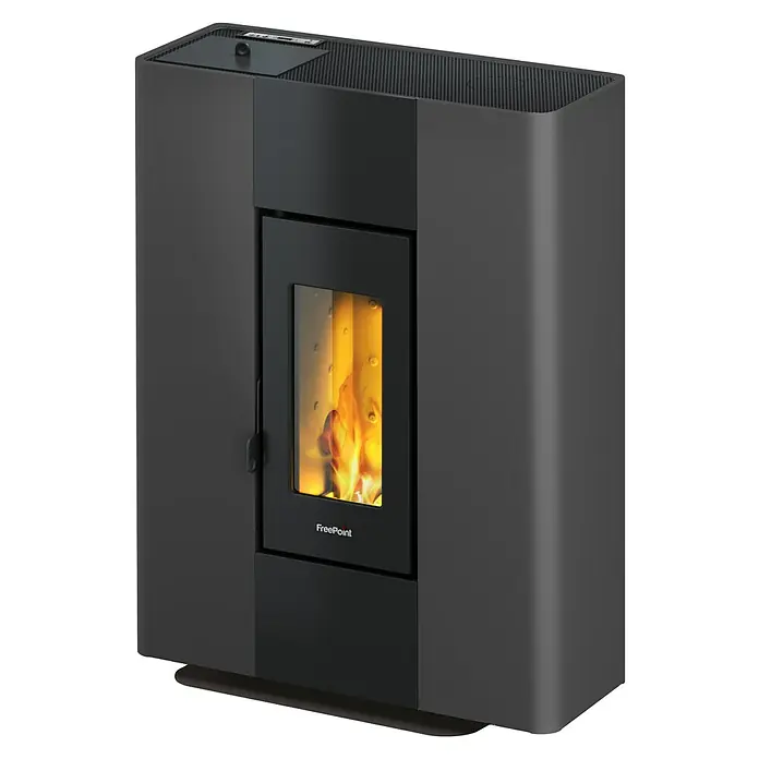 FreePoint Pelletofen ROXY - 2,7 kW - 7 kW, Raumheizvermögen: 65 m³ - 168 m³, 0,6 kg/h - 1,7 kg/h, Farbe Verkleidung: Anthrazit, Mit Standfuß - Ein moderner Pelletofen von FreePoint mit Flammen, der Wärme und Stil in Ihr Zuhause bringt. Das elegante Design passt perfekt zu jedem Interieur.
