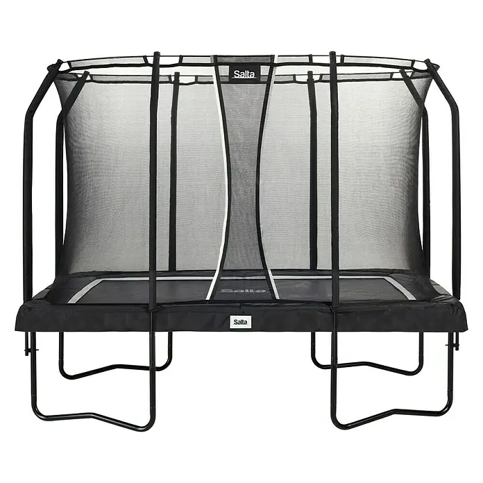 Salta Trampolin Premium Black Edition305 x 214 cm, Schwarz - Ein rechteckiges Salta-Trampolin mit Sicherheitsnetz und schwarzem Rahmen steht auf dem Boden.