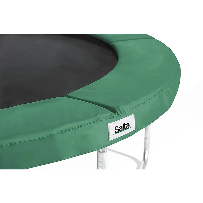 Salta Trampolin-Schutzrand Combo - Durchmesser: 183 cm, Grün - Nahaufnahme eines grünen Salta-Trampolins mit schwarzer Sprungfläche und dem Salta-Logo auf der Polsterung.