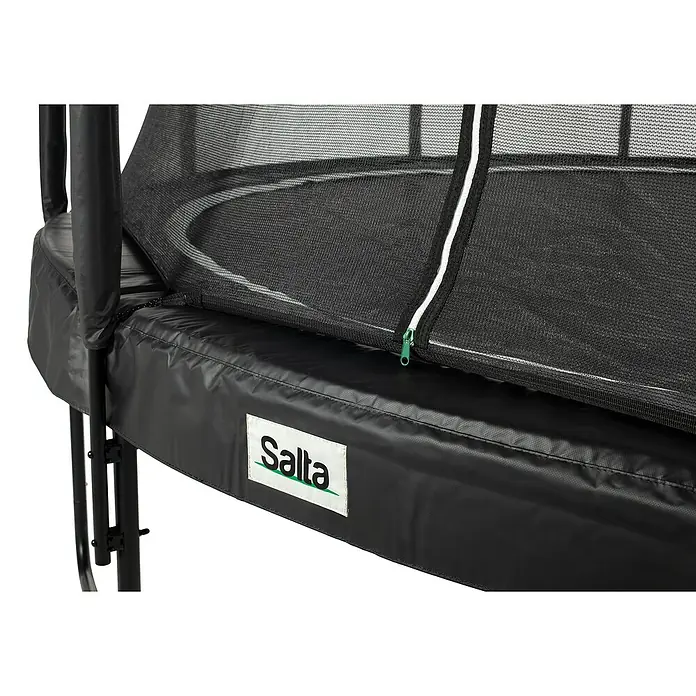 Salta Trampolin Premium Black Edition - Durchmesser: 366 cm, Schwarz - Nahaufnahme eines Salta-Trampolins mit Sicherheitsnetz und Polsterung, das für sicheren Spaß im Freien sorgt.