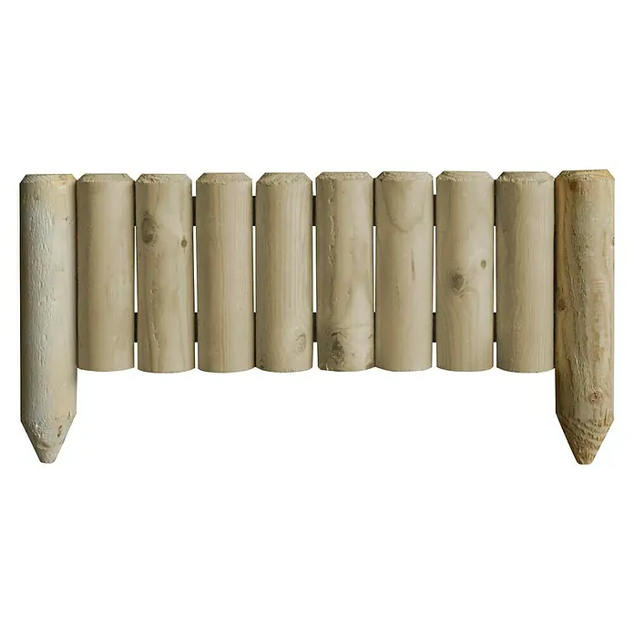 Joda Beeteinfassung - 60 x 30 cm - Detailaufnahme eines Lattenzauns mit abgerundeten Holzpfosten und spitzen Enden, ideal für die Gartengestaltung und Beetbegrenzung.