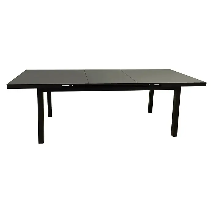 Sunfun Mesa de jardín extensible Luciana - L x An x Al: 180 x 100 x 75 cm, Aluminio, Negro, Extensible - En la imagen se muestra una mesa de comedor extensible con tablero y patas oscuras. Perfecto para un comedor moderno.