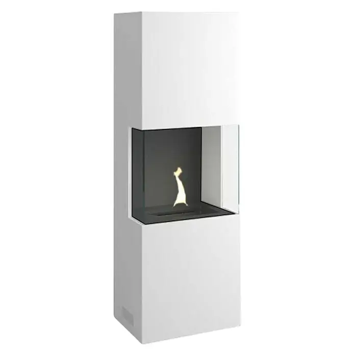 Tenderflame Dekokamin Indie 180 - 34 x 50 x 170 cm, Füllmenge: 1 l, Weiß - Weißer Kaminofen mit Glasscheibe und Flamme im Inneren.