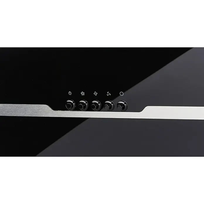 PKM Schräghaube S23-60 ABPX - Breite: 60 cm, Max. Gebläseleistung Abluftbetrieb: 258 m³/h, Schwarz - Detailansicht einer Dunstabzugshaube mit Bedienknöpfen für Licht und Lüfterstufen, eingefasst in einer edlen Edelstahlleiste.