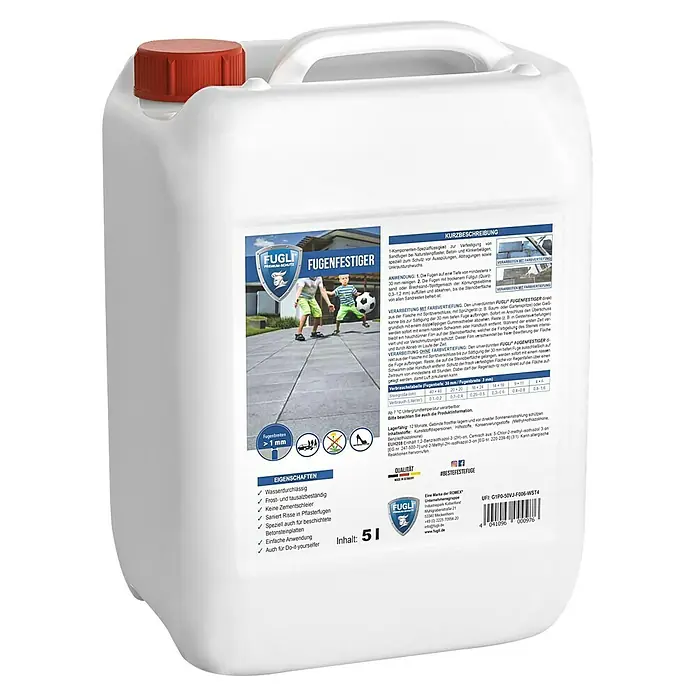 Fugli Fugenfestiger - 5 l - Bild eines weißen 5-Liter-Kanisters Fugli Fugenfestiger, ideal zur Verfestigung von Sandfugen auf Natursteinpflaster und Beton.