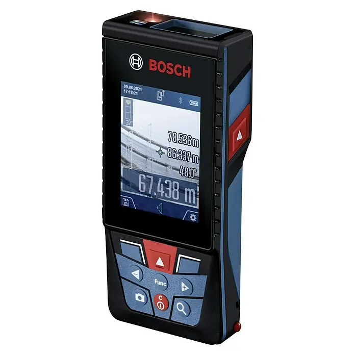 Bosch Professional Laserentfernungsmesser GLM 150-27 C - Messbereich: 0,08 - 150 m - Das Bild zeigt einen Bosch GLM 120 C Professional Laser-Entfernungsmesser mit Farbdisplay und verschiedenen Messfunktionen.