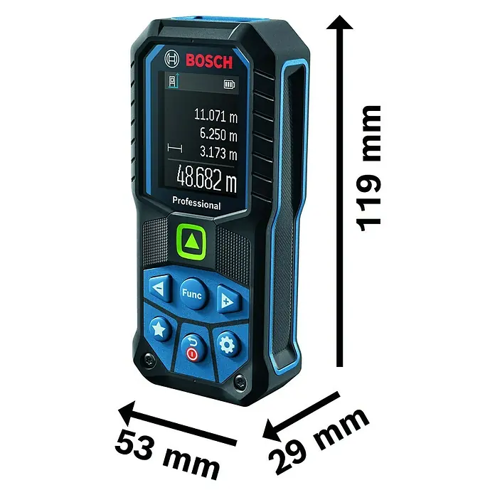 Bosch Professional Laserentfernungsmesser GLM 50-25 G - Messbereich: 0,05 - 50 m - Nahaufnahme eines Bosch Professional Laser-Entfernungsmessers mit den Maßen 119 mm Höhe, 53 mm Breite und 29 mm Tiefe.